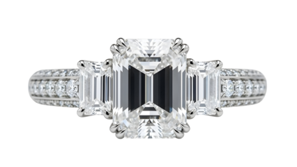 Three-Stone Emerald Cut Diamond Engagement Ring Product Shot isolated PNG with Transparent Background