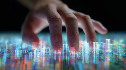 Digital literacy imagination future intelligence science glow cityscape fingertip touch