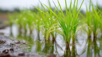 Obraz premium Close-Up of Emerging Rice Plants Thriving in Water with Detailed Green Foliage and Glimmering Dewdrops