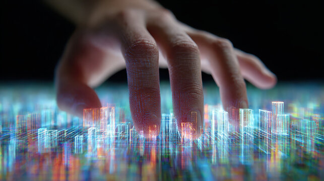 Digital literacy imagination future intelligence science glow cityscape fingertip touch - Powered by Adobe