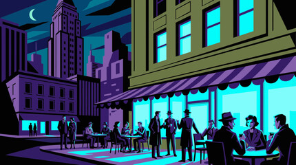 Art Deco vector of business people socializing at a city cafe terrace at night, concept for corporate networking, retro design projects and urban nightlife advertising