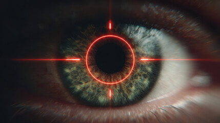 Digital literacy intelligence science imagination future eye with biometric target glow conveys futuristic security vision concept and emotional