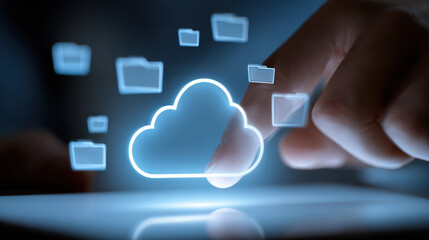 Digital literacy intelligence science imagination future cloud storage concept glowing icon finger touch tablet