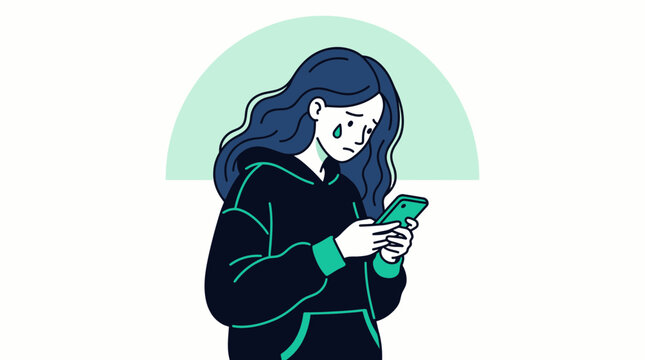 Minimalist vector illustration of a sad woman with blue hair crying while looking at her smartphone, concept for mental health campaign, cyberbullying awareness and social media addiction