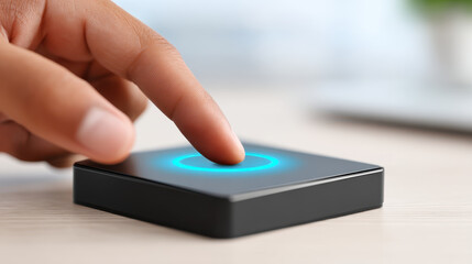 Digital literacy intelligence science imagination future concept touch activated button on modern black device with blue glowing circle light