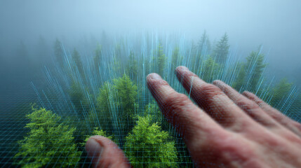 Digital literacy intelligence science imagination future forest hand touch virtual grid surreal mist