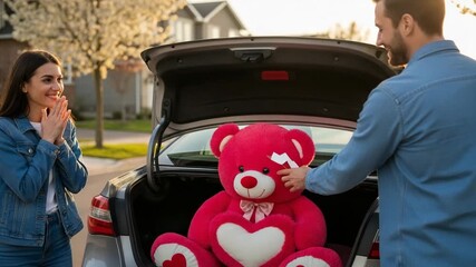 A loving adult caucasian man gives his surprised girlfriend a giant pink teddy bear from the car trunk. Romantic couple celebrating their anniversary or valentines day with a special gift