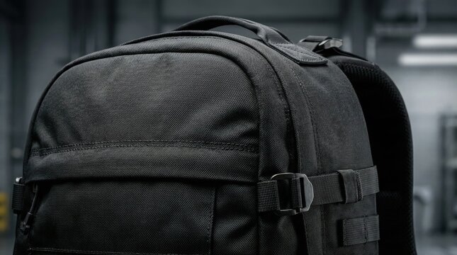 Close-up of tactical black backpack made from durable fabric,featuring zippers,straps and buckles,ideal for travel,hiking,outdoor adventure and military use