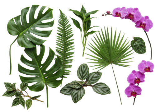Photorealistic still life with glossy green monstera, vibrant palm fronds, textured begonia, striped tradescantia, and two delicate orchids on a white background with copy space, sophisticated - Powered by Adobe