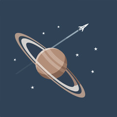 Minimalist Flat Vector Illustration of Saturn with Spacecraft Rocket and Stars in Deep Space © My icon