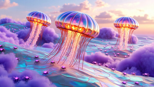 Vibrant jellyfish creatures float amidst purple clouds and blue waters at sunset