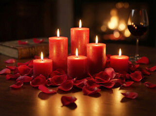 Romantic red candles and rose petals burning with a glowing flame in the dark night create a decorative candlelight atmosphere for a celebration of love and romance