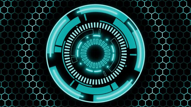 Cyan color rotating HUD animation with hexagonal shapes futuristic design loopable black technology background