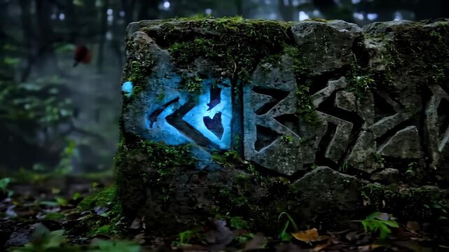 Glowing magical runes on ancient stone background slow motion viking symbols occult esotericism mystery ritual copy space spiritual power light