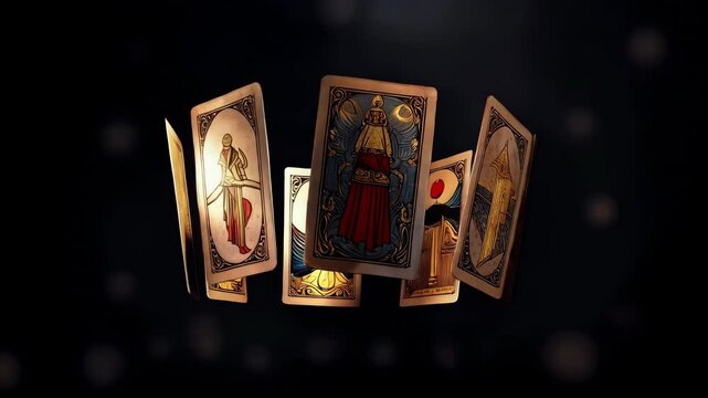 Levitating tarot cards background slow motion mystical magic gold foil occult esotericism fortune telling prediction horoscope copy space spiritual loop