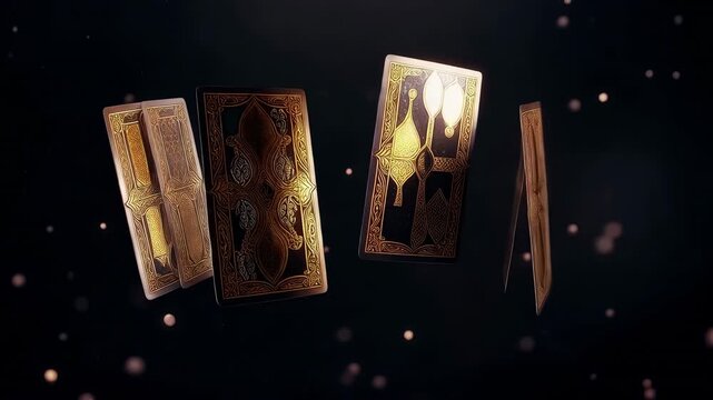 Levitating tarot cards background slow motion mystical magic gold foil occult esotericism fortune telling prediction horoscope copy space spiritual loop