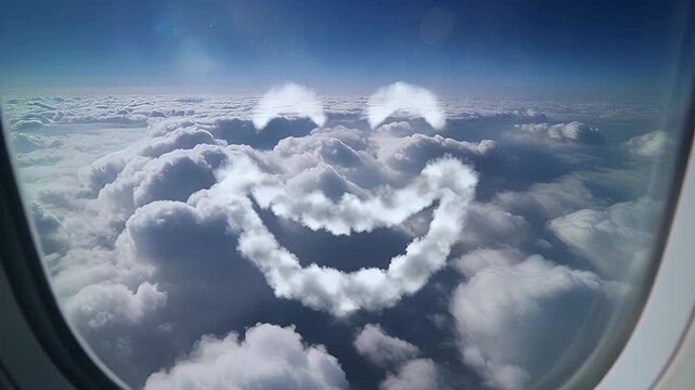 Aerial view from an airplane window with smiling face created in clouds footage