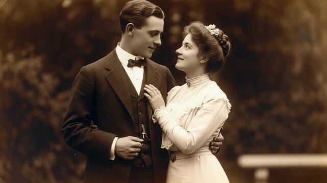 Vintage panoramic portrait of an elegant young caucasian couple in a romantic embrace. Edwardian man and woman in formal attire sharing an intimate moment of timeless love