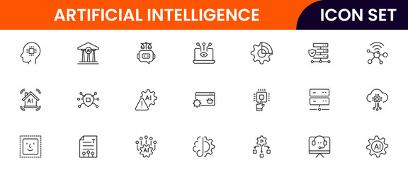 Artificial intelligence icons depicting machine learning, neural networks, automation, robots, data analysis, algorithms, technology, smart systems, AI applications, computing, intelligence