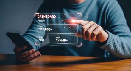 Digital Interface Displaying Financial Data on Mobile Device, Man Interacting with Touchscreen Hologram, Modern Technology