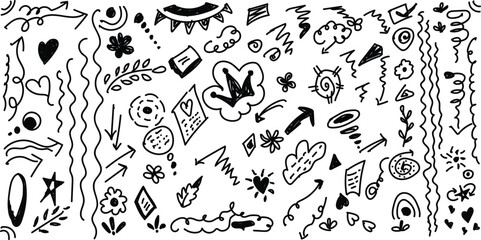 Obraz premium High quality hand drawn doodle icons featuring arrows, hearts, clouds, flowers and abstract sketch elements for creative design projects.