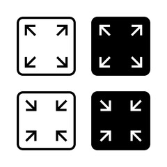 Full Screen icon set. A set of simple outline square icons featuring expanding arrows pointing outwards from the center. Symbolizing full screen, resize, or enlarge functionality.