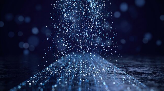 Abstract defocused falling data particles in dark blue digital space,technology visualization of binary code or futuristic information stream background - Powered by Adobe