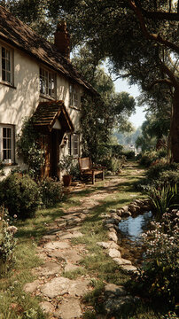 Serene High Angle View of a Cozy House Surrounded by Lush Greenery and a Charming Pathway with a Scenic Eaves Perspective