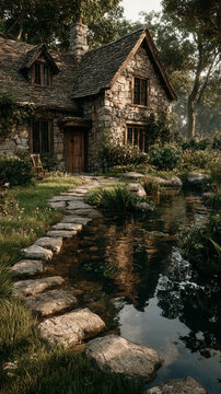 High Angle View of a Rustic Stone House Surrounded by Lush Greenery and a Tranquil Reflection Pool in Nature