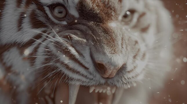 牙をむくホワイトタイガーの顔が赤いドラマチックな背景で咆哮するクローズアップ映像