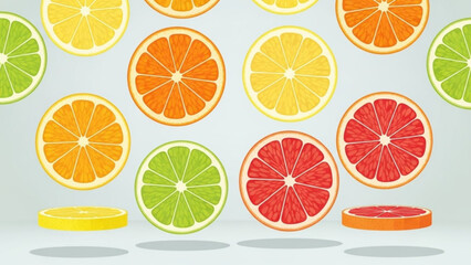 Fototapeta premium Vibrant citrus fruit slices in various colors on a light blue background with shadows