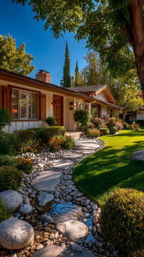 Captivating High Angle View of a Charming House with Lush Landscape and Creative Pathway Under Clear Blue Sky