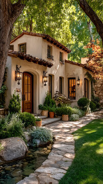 Serene House Exterior View at High Angle from Eaves Surrounded by Lush Greenery and Stone Pathway Captured with Ultra Wide Camera