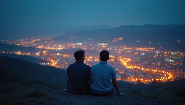 Two men watch city lights from a hill at dusk. They sit together admiring urban glow under dark blue sky. Couple enjoys quiet moment overlooking vast cityscape below.