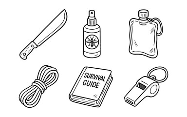Essential survival gear collection including a knife, repellent, water pouch, rope, guide, and whistle