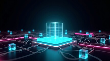 A glowing cyan wireframe cube sits on a lit platform, connected by thin wires to smaller transparent cubes.
