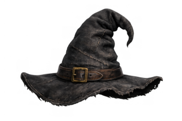 Wizard hat, a dark, pointed cap featuring a leather band and a brass buckle on a transparent background