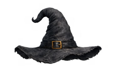 Dark wizard hat with buckle for halloween magic and fantasy costume, representing witchcraft and sorcery, transparent background