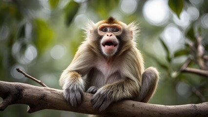 Fototapeta premium A baby macaque sits on a tree branch with its mother in a green tropical forest in Asia