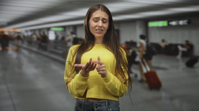 Woman in yellow sweater pointing to her palm at airport concourse, braces visible, pointing finger counting or requesting help amid travelers and a moving walkway; anxiety plea.