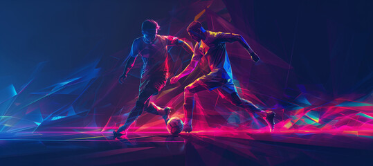 Abstract soccer player running with the soccer ball. Neon geometric soccer design with copy space.