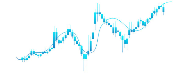 Cyan Blue Candlestick Trading Chart Displaying Market Recovery And Rising Bullish Trend With Smooth Moving Average Graph Isolated on Transparent Background