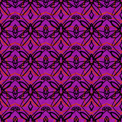 Bold Seamless Abstract Diamond Pattern: Stylized Butterfly and Leaf Motifs with Black Outline and Orange Accents on a Textured Deep Violet Magenta Background.