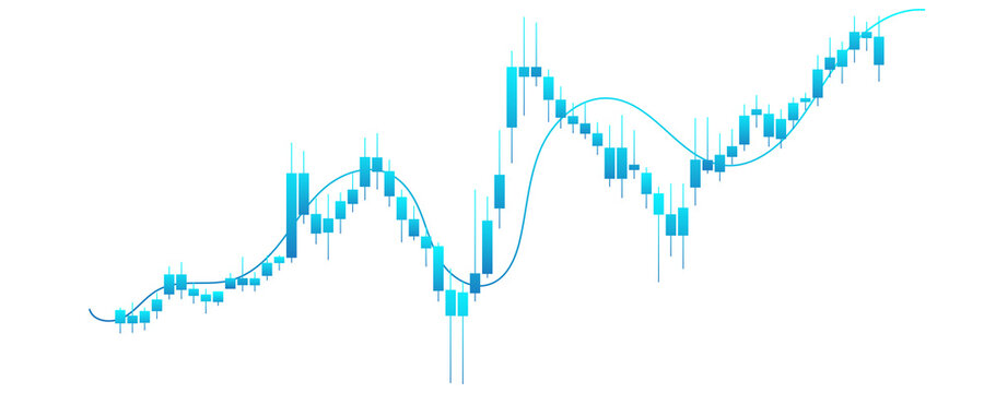 Cyan Blue Candlestick Trading Chart Displaying Market Recovery And Rising Bullish Trend With Smooth Moving Average Graph Isolated on Transparent Background