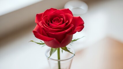 Red Rose in Glass Vase Close-up, Slow Motion Bloom