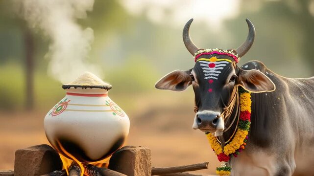 A white decorated pongal clay pot steaming on an outdoor wood fire next to a sacred cow wearing a marigold garland in a rural field for harvest celebration, makar sankranti and lohri