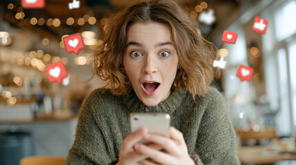 Young woman receiving social media likes notification on phone