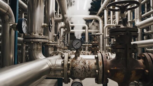 Industrial piping system with visible valves and gauges shows steam release and pressure monitoring in a factory setting, highlighting mechanical operations and equipment functionality