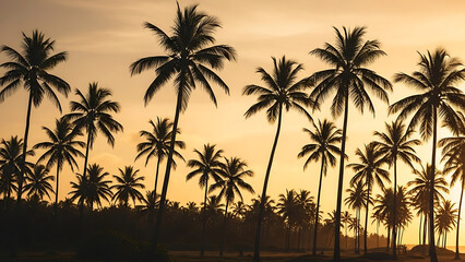 Obraz premium A serene tropical landscape featuring palm trees at sunset viewed from a tranquil beach
