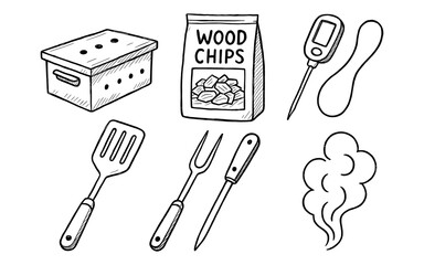 Hand-drawn barbecue and smoking accessories collection with wood chips and smoke